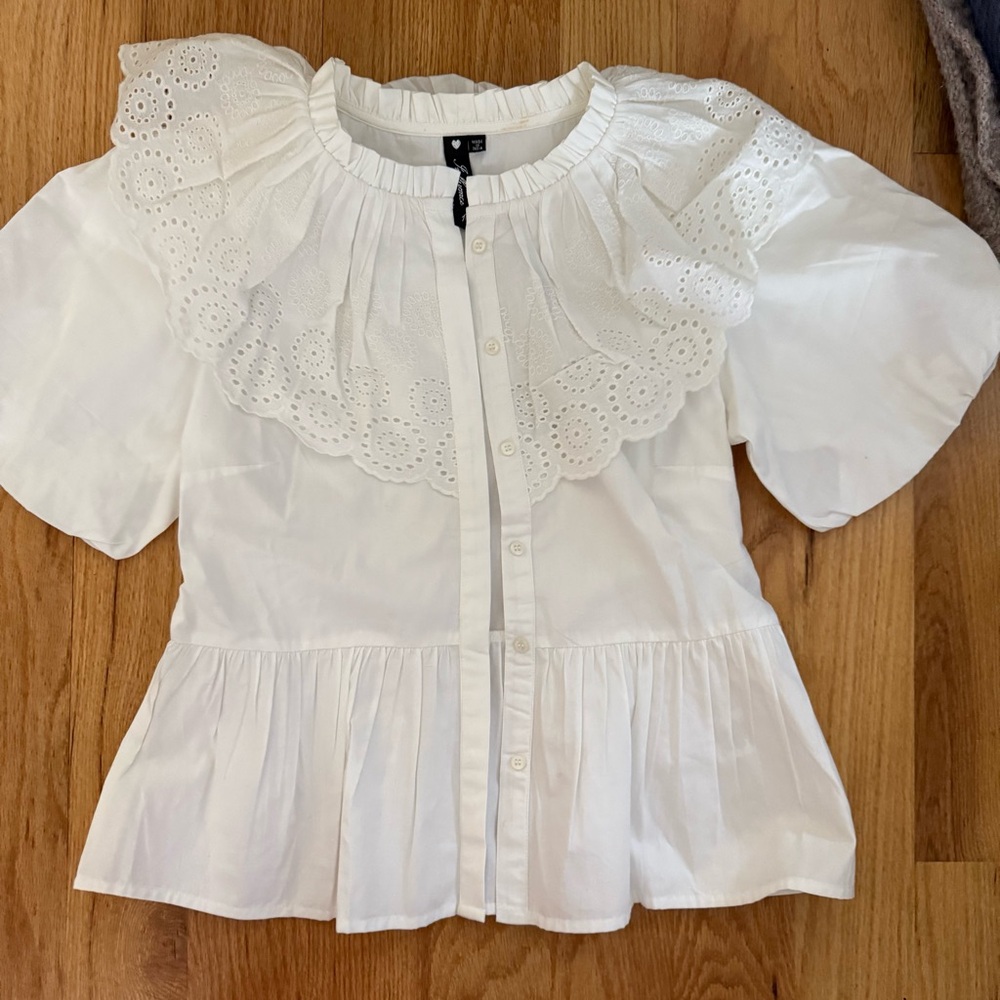 Eyelet Ruffle neck Ganni style puff sleeve Blouse